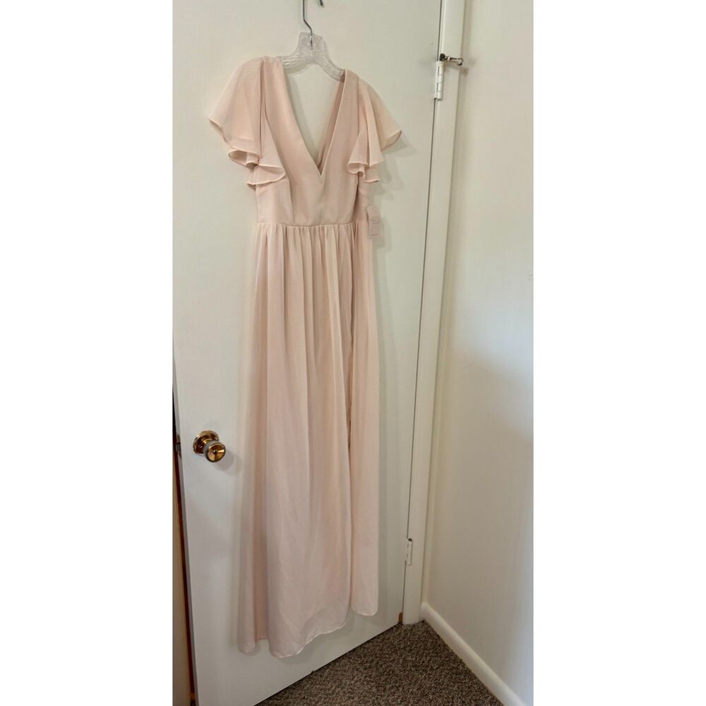 Birdy Grey NWT Medium Hannah Chiffon Champagne Floor Length Slit to Knee Formal